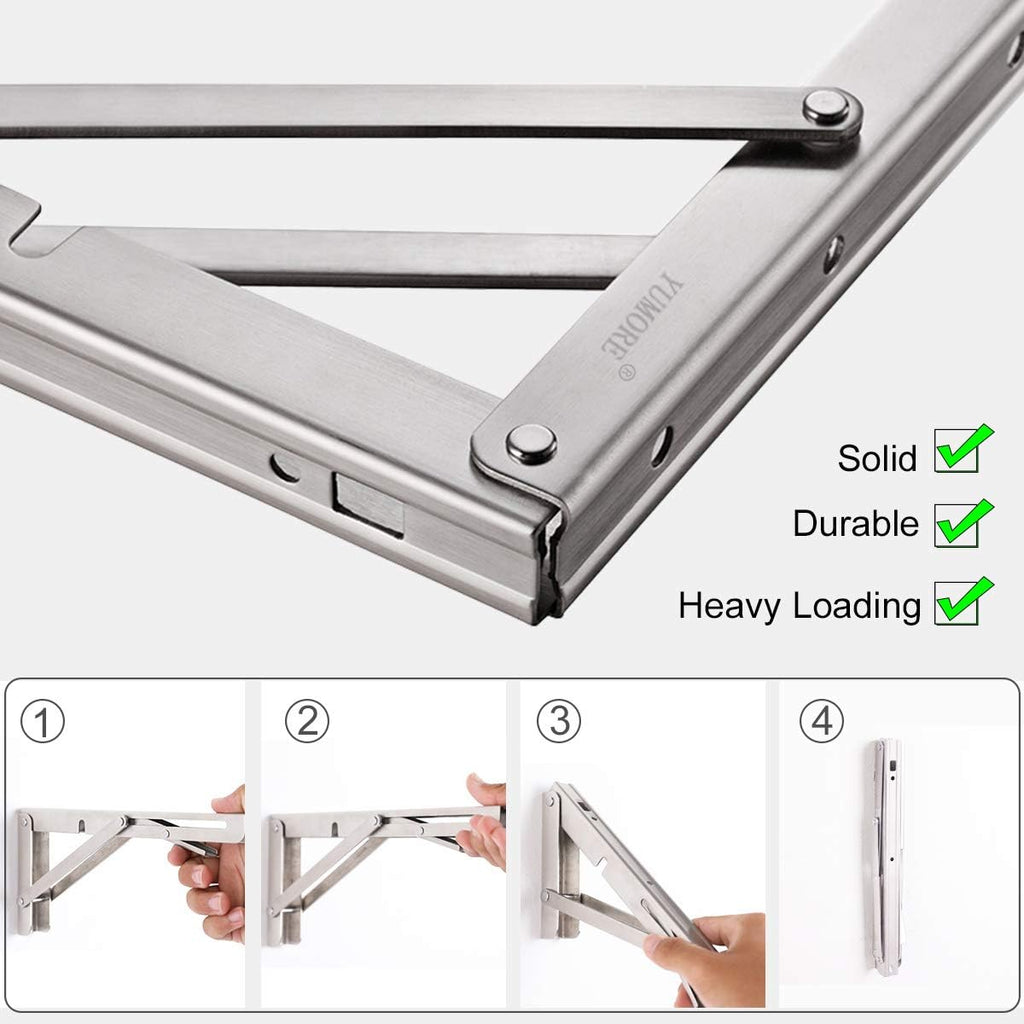 Folding Shelf Brackets 16 Inch, Max Load: 330Lb Heavy Duty Stainless Steel Collapsible Shelf Bracket for Table Work Bench, Space Saving DIY Bracket, Pack of 2