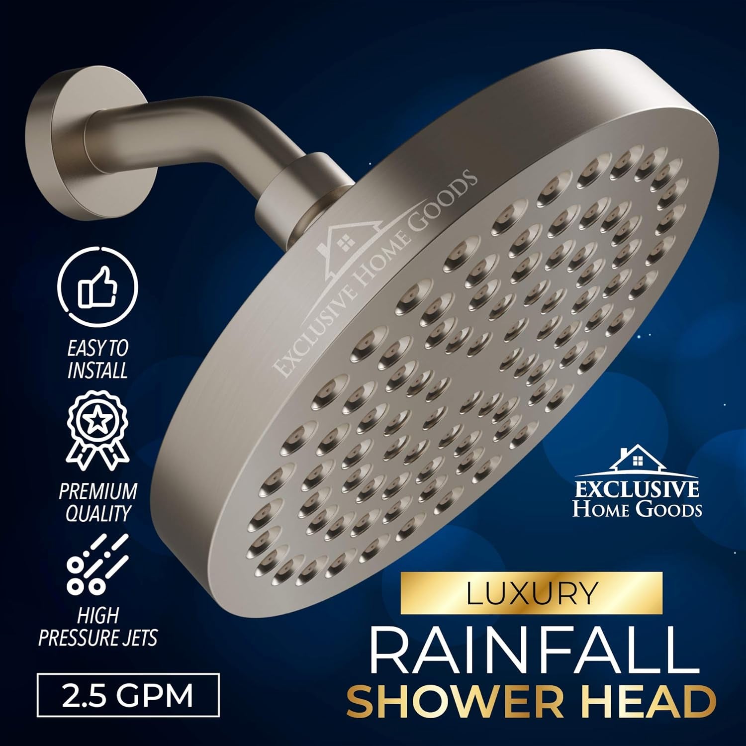 Rainfall Shower Head - 6" High Pressure Shower Heads - 2.5 GPM Shower Heads with Anti-Clog 90 Rubber Jets - 360° Rotation Adjustable Shower Head - Rustproof Bathroom Shower Head