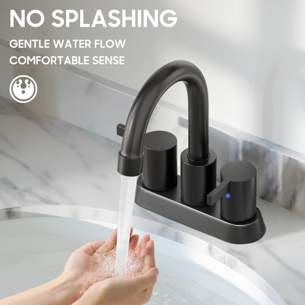 4 Inch 2 Handle Centerset Matte Black Lead-Free Modern Bathroom Faucet, 360 Swivel Spout 2-3 Hole RV Bathroom Vanity Sink Faucet with Pop up Drain and Water Supply Lines,Bf015-1-Mb